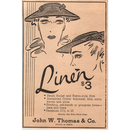 John W. Thomas Breton-style Hats 4x7" 1935 Minneapolis Journal Advert AE7-N1