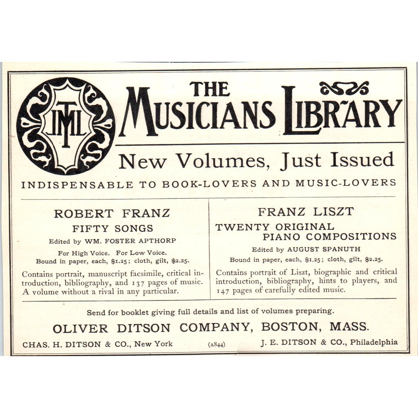 Robert Franz The Musicians Library Oliver Ditson Boston c1905 Ad AE9-MA2