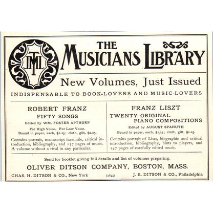 Robert Franz The Musicians Library Oliver Ditson Boston c1905 Ad AE9-MA2