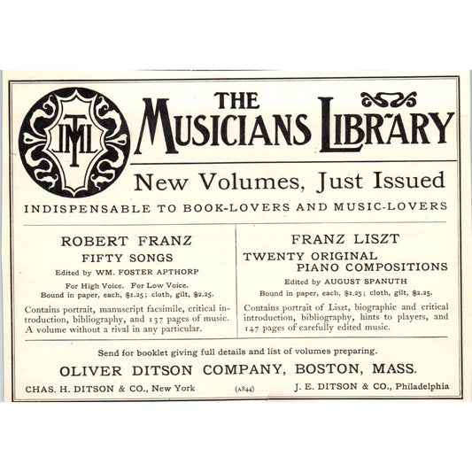 Robert Franz The Musicians Library Oliver Ditson Boston c1905 Ad AE9-MA2