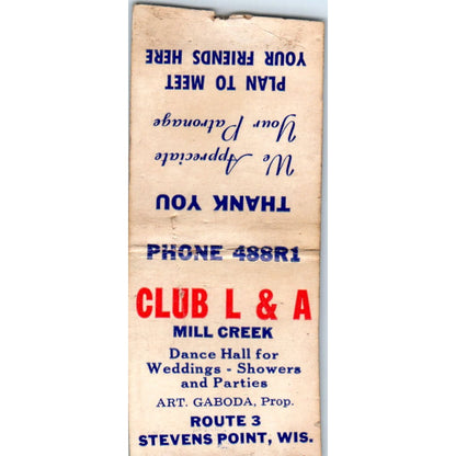 Club L&A Mill Creek Art Gaboda Stevens Point WI Vintage Matchbook Cover SD4-Y4