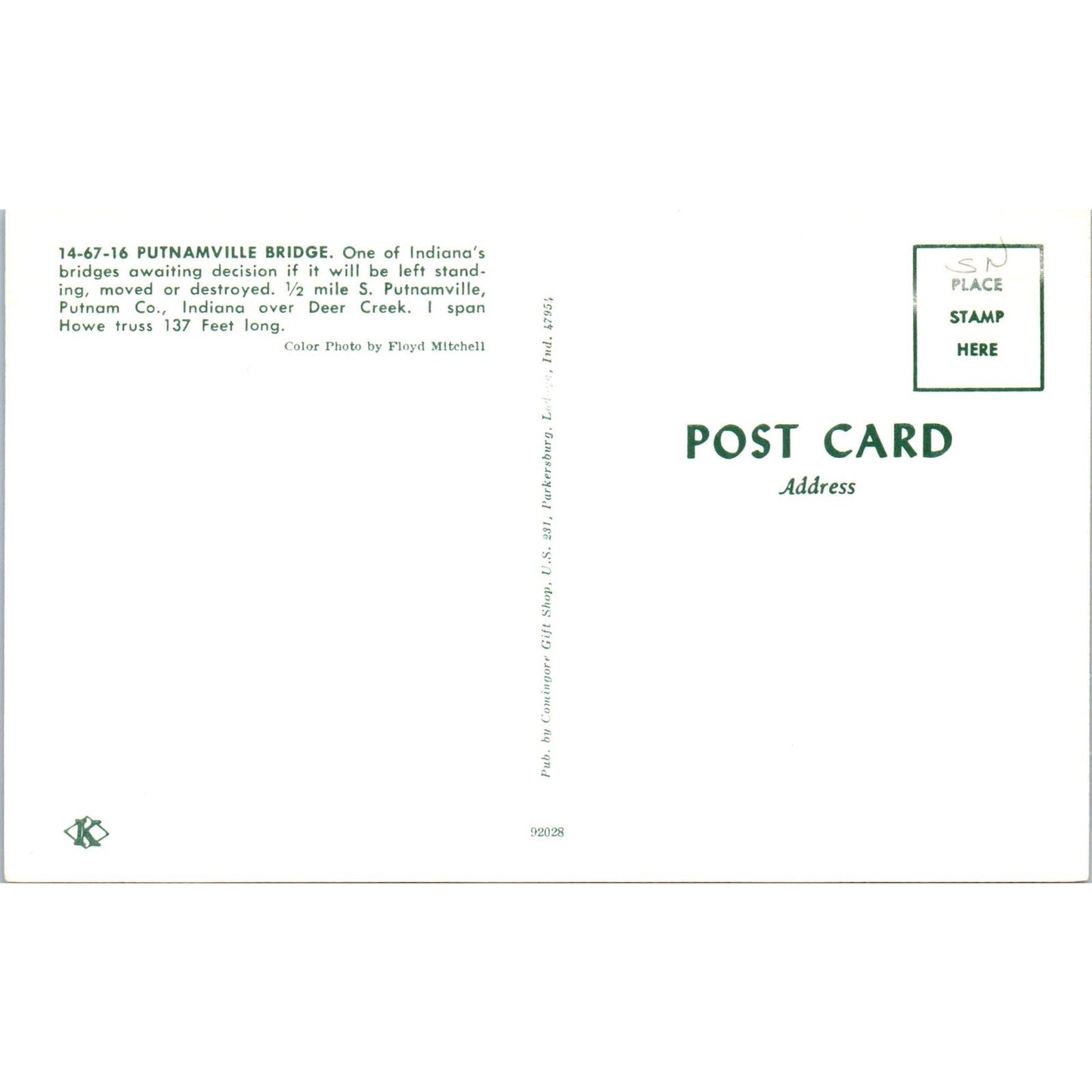 Putnamville Bridge 14-67-16 Deer Creek IN Vintage Covered Bridge Postcard PD1