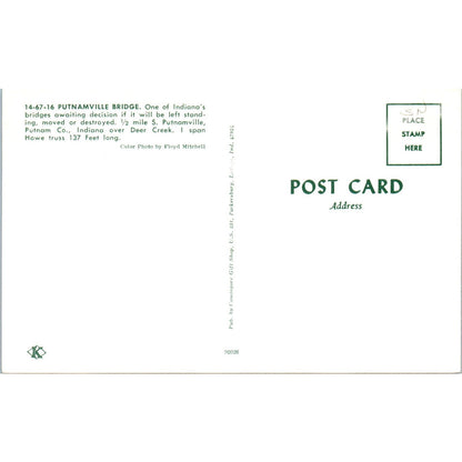 Putnamville Bridge 14-67-16 Deer Creek IN Vintage Covered Bridge Postcard PD1