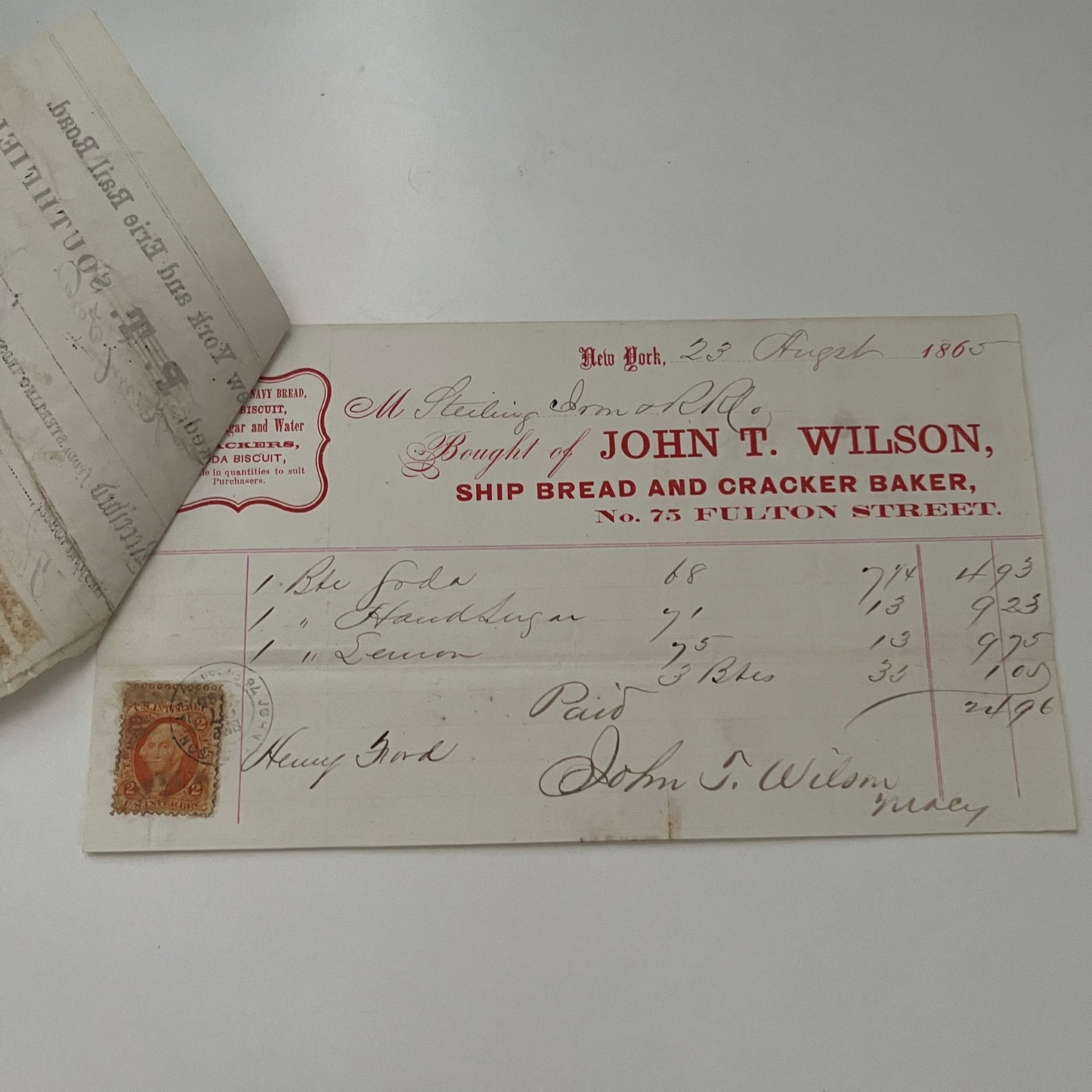 John T. Wilson Bread New York 1865 Civil War Era Billhead & Erie Ry Waybill C15
