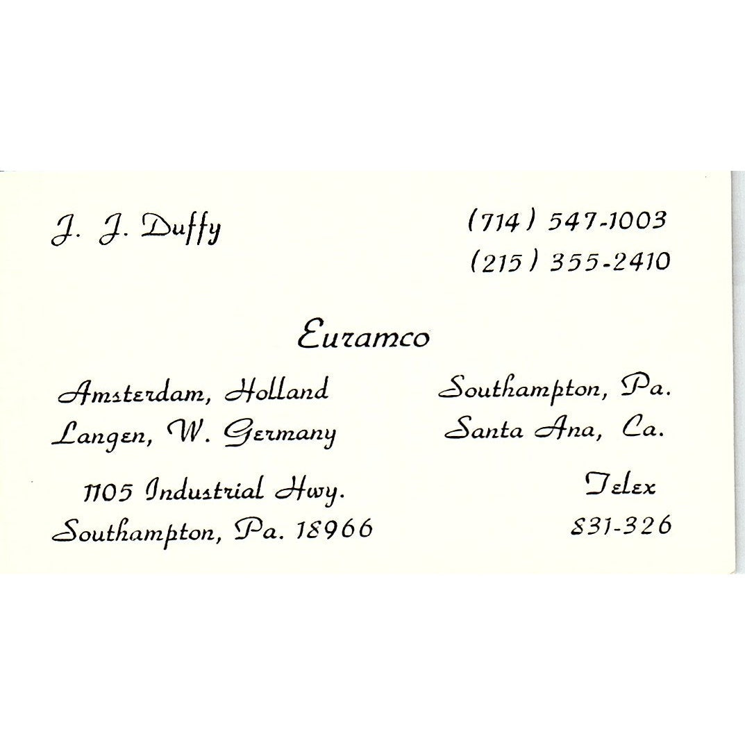 Euramco J.J. Duffy Amsterdam Southampton PA Vintage Business Card SC9-B6