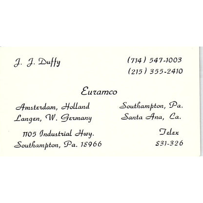 Euramco J.J. Duffy Amsterdam Southampton PA Vintage Business Card SC9-B6