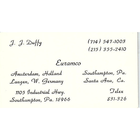 Euramco J.J. Duffy Amsterdam Southampton PA Vintage Business Card SC9-B6
