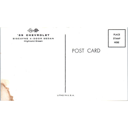 '59 Chevrolet Biscayne 4-Door Sedan Highland Green Vintage Postcard PC1