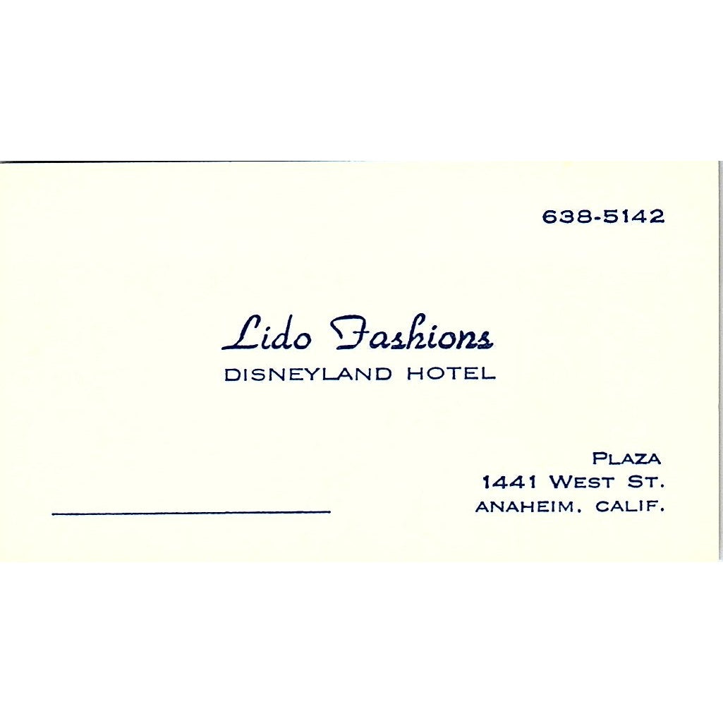 Lido Fashions Disneyland Hotel Anaheim CA Vintage Business Card SE5-B4