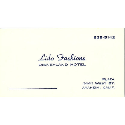 Lido Fashions Disneyland Hotel Anaheim CA Vintage Business Card SE5-B4