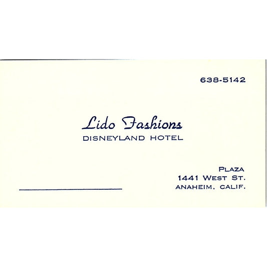 Lido Fashions Disneyland Hotel Anaheim CA Vintage Business Card SE5-B4