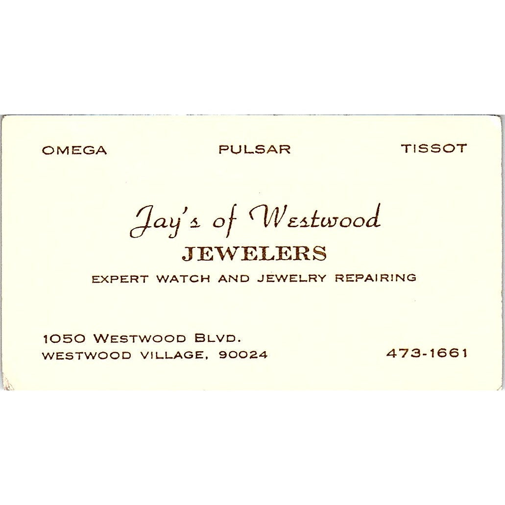 Jay's of Westwood Jewelers ,Westwood Village, Vintage Business Card SF3-B5