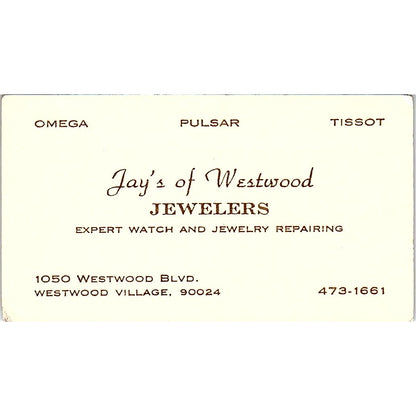 Jay's of Westwood Jewelers ,Westwood Village, Vintage Business Card SF3-B5