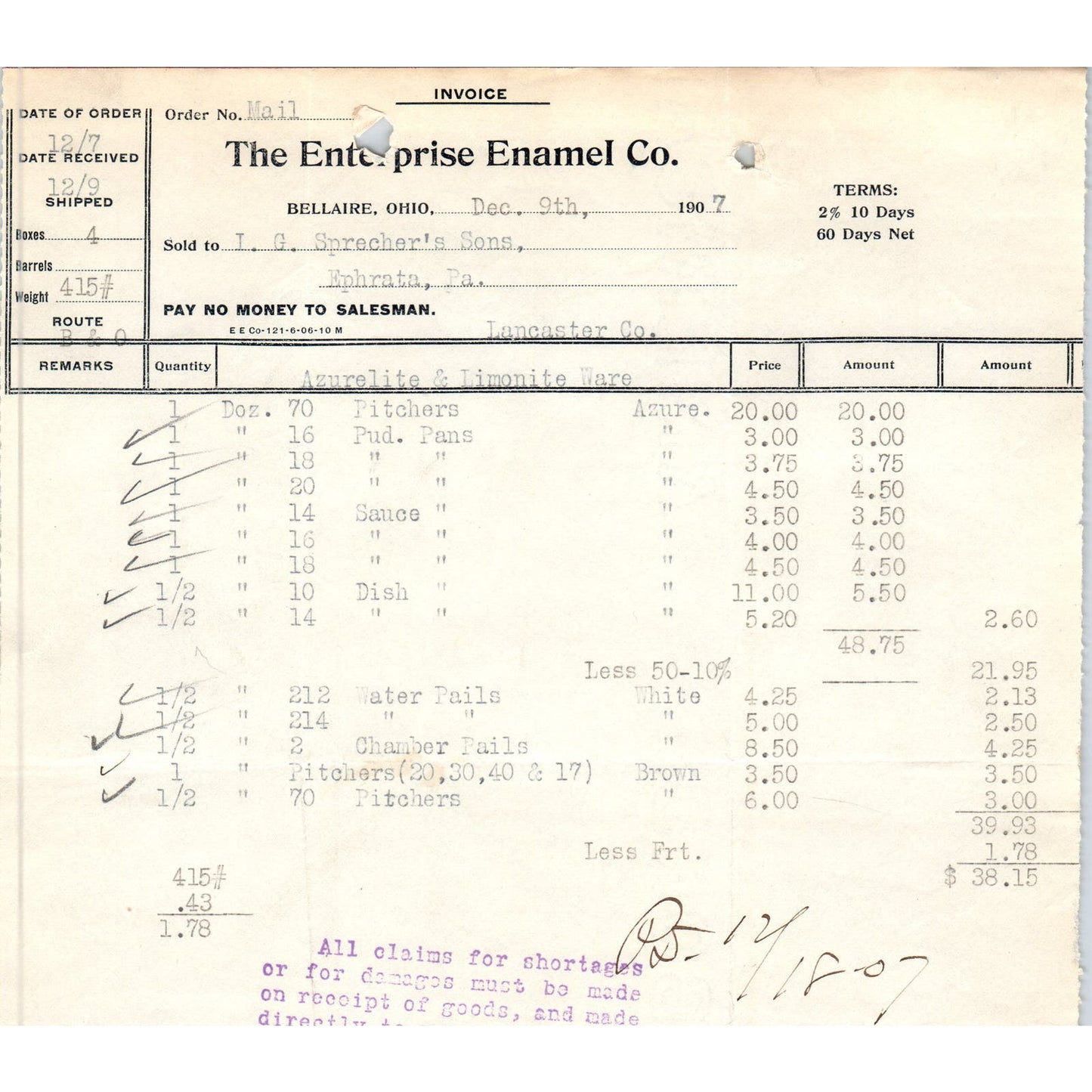 1907 The Enterprise Enamel Co Bellaire OH Letterhead Billhead Receipt D11