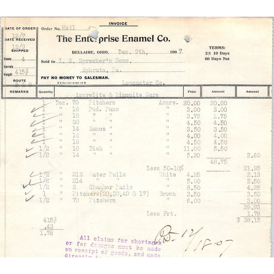 1907 The Enterprise Enamel Co Bellaire OH Letterhead Billhead Receipt D11