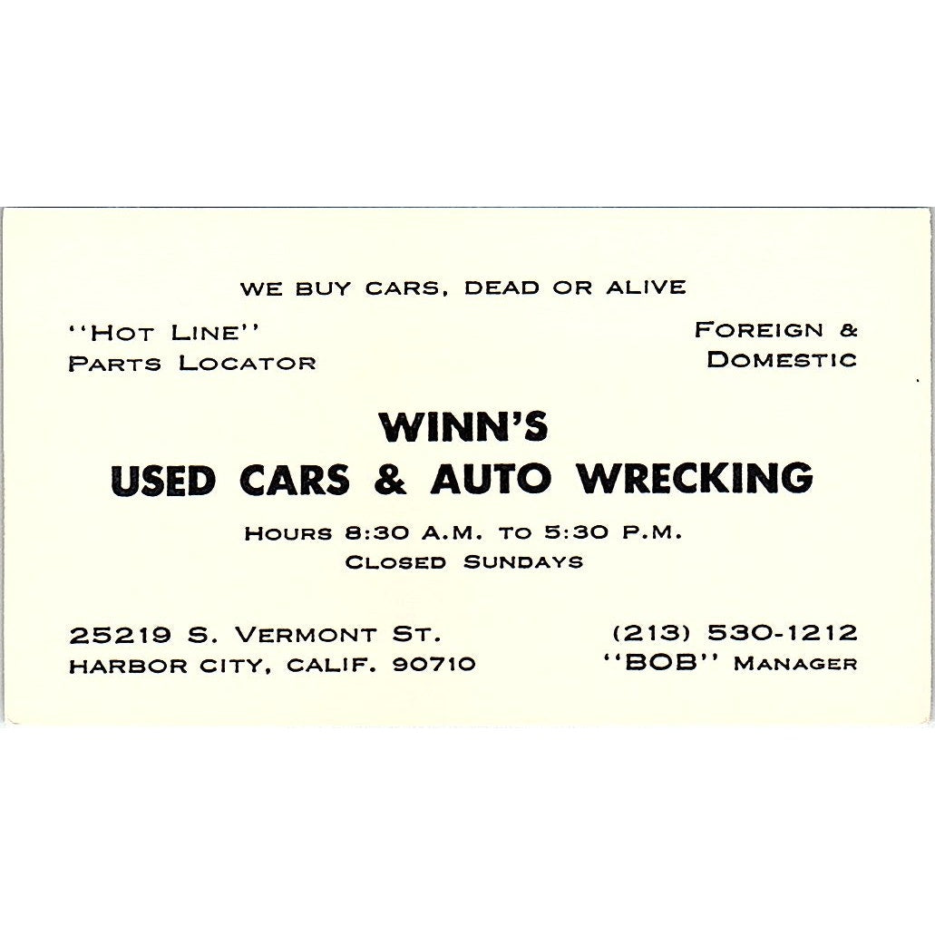 Winn's Used Cars & Auto Wrecking Harbor City CA Vintage Business Card SE3-B14