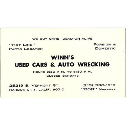 Winn's Used Cars & Auto Wrecking Harbor City CA Vintage Business Card SE3-B14
