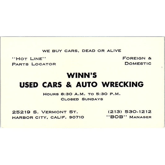 Winn's Used Cars & Auto Wrecking Harbor City CA Vintage Business Card SE3-B14