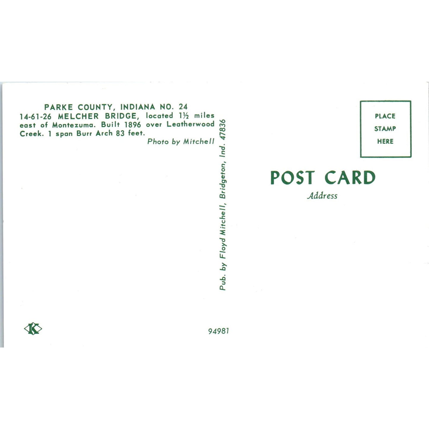 Parke County IN 24 Melcher Bridge Vintage Covered Bridge Postcard PD6