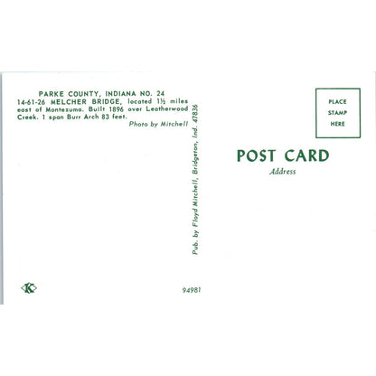 Parke County IN 24 Melcher Bridge Vintage Covered Bridge Postcard PD6