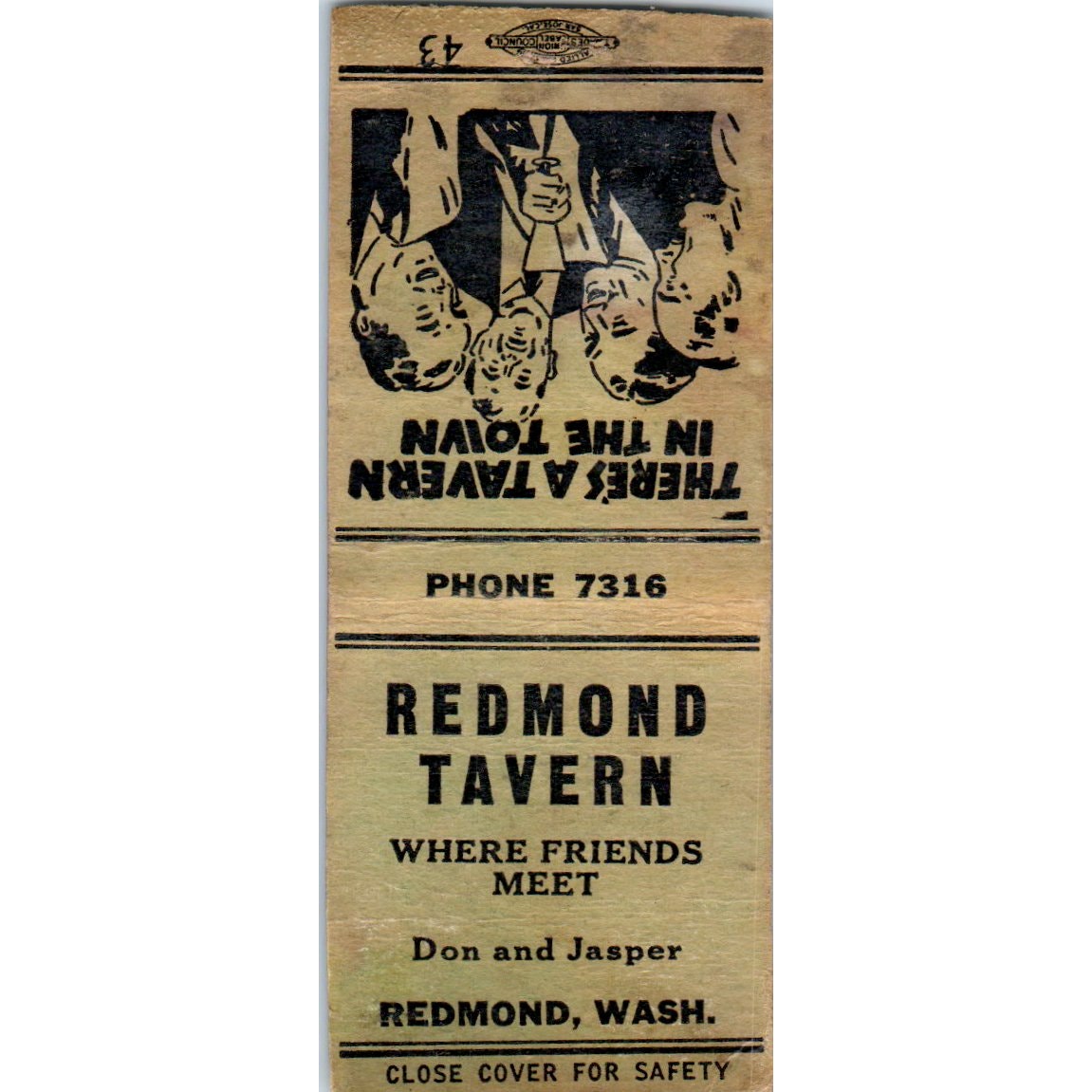 Redmond Tavern Don and Jasper Redmond WA Vintage Matchbook Cover SF4-Y1