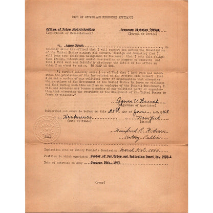 1943 WWII Office of Price Administration Oath of Office Affidavit A. Brush J16