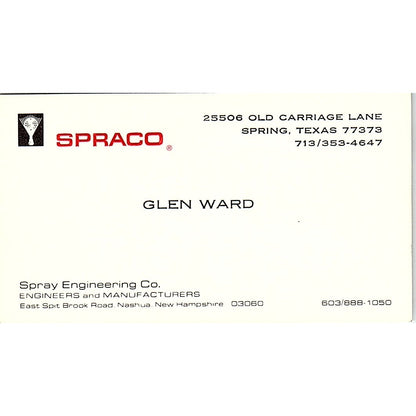 Spray Engineering Co Glen Ward Carriage Lane Springs Texas Business Card SF3-B5