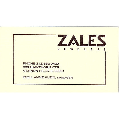 Zales Jewelers Idell Anne Klein Vernon Hills  Vintage Business Card SF3-B9