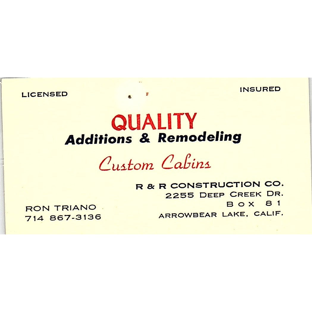 Ron Triano R&R Construction Co Arrowbear Lake CA Vintage Business Card SD9-B3