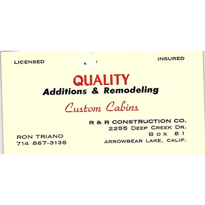 Ron Triano R&R Construction Co Arrowbear Lake CA Vintage Business Card SD9-B3