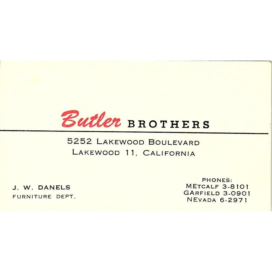 Butler Brothers J. W. Danels Lakewood CA Vintage Business Card SB4-B8