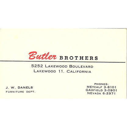 Butler Brothers J. W. Danels Lakewood CA Vintage Business Card SB4-B8