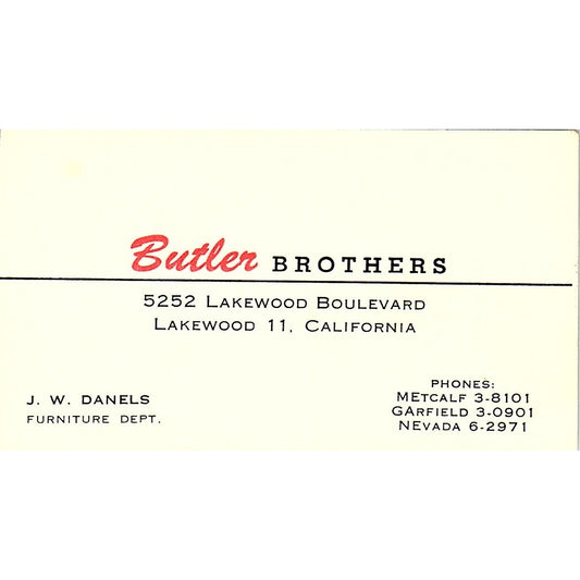 Butler Brothers J. W. Danels Lakewood CA Vintage Business Card SB4-B8