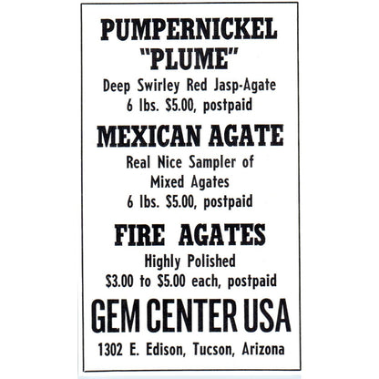 Gem Center USA Pumpernickel Plume Tucson Arizona 1964 Magazine Ad AB6-M2