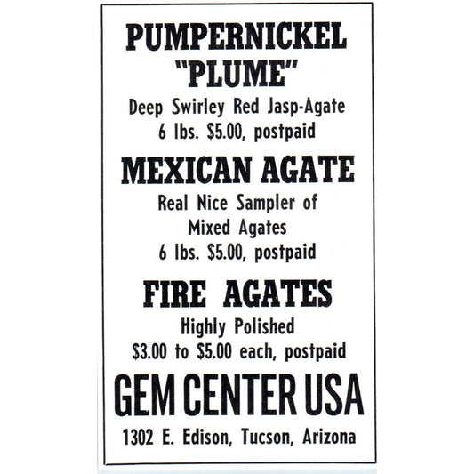 Gem Center USA Pumpernickel Plume Tucson Arizona 1964 Magazine Ad AB6-M2