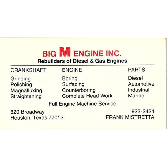 Big M Engine Inc Frank Mistretta Houston TX Vintage Business Card SD9-B13