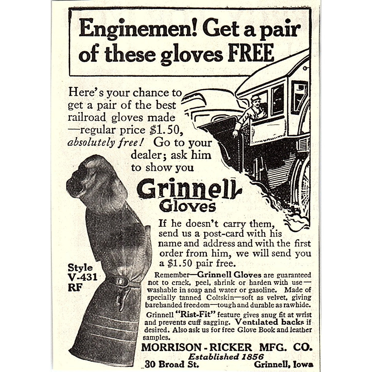 Grinnell Gloves Morrison-Ricker Mfg Co Grinnell IA 1914 Original Ad AF3-Q4