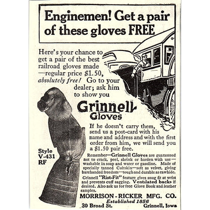 Grinnell Gloves Morrison-Ricker Mfg Co Grinnell IA 1914 Original Ad AF3-Q4