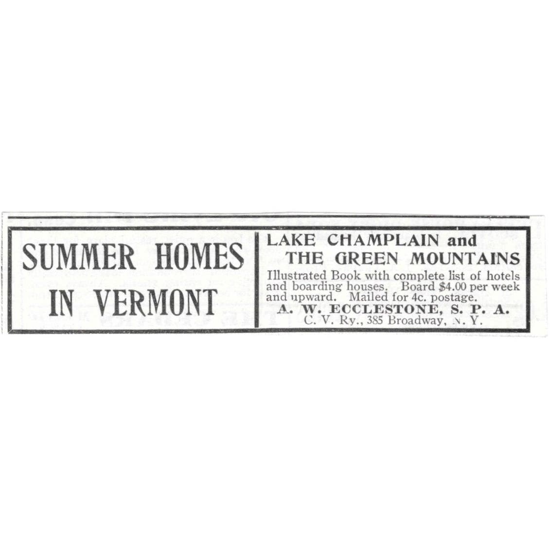 Vermont Summer Homes Green Mts Lake Champlain A.W. Ecclestone c1918 Ad AE5-SV3