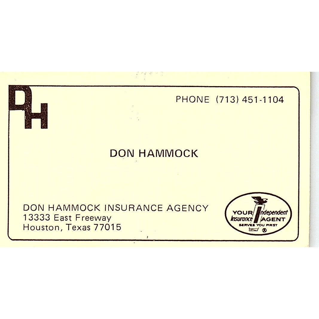 Don Hammock Ins Agency Houston Vintage Business Card SD9-B6