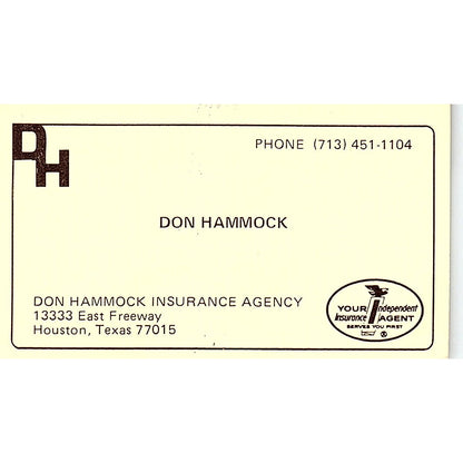 Don Hammock Ins Agency Houston Vintage Business Card SD9-B6