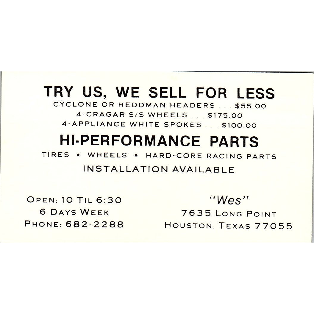 Hi-Performance Parts Wes Houston Texas Vintage Business Card SE3-B13