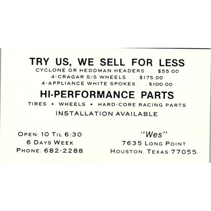 Hi-Performance Parts Wes Houston Texas Vintage Business Card SE3-B13