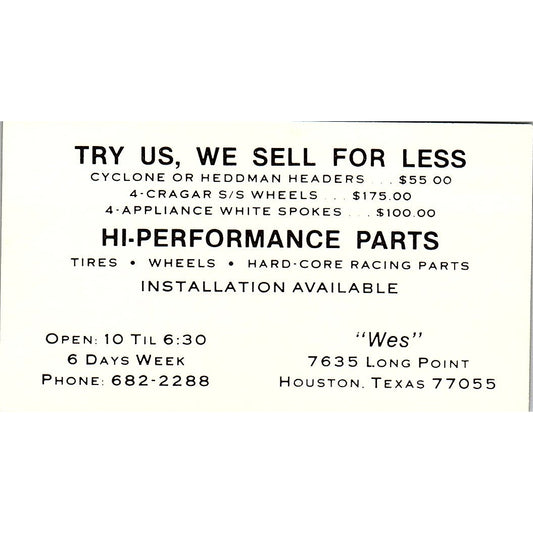 Hi-Performance Parts Wes Houston Texas Vintage Business Card SE3-B13