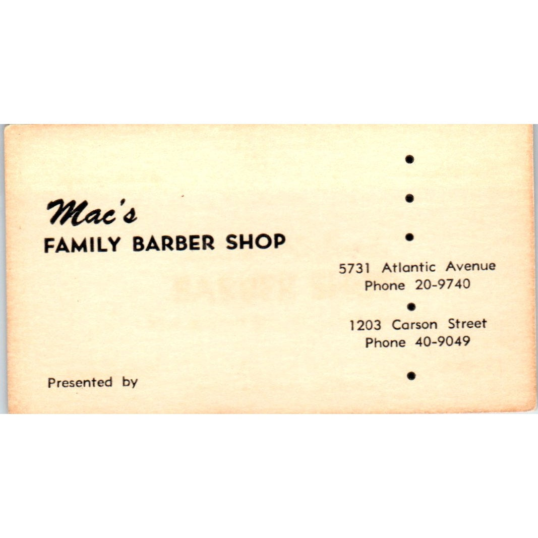 Mac's Family Barber Shop 5731 Atlantic Ave Long Beach Vtg Business Card SD8-B9