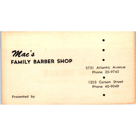Mac's Family Barber Shop 5731 Atlantic Ave Long Beach Vtg Business Card SD8-B9