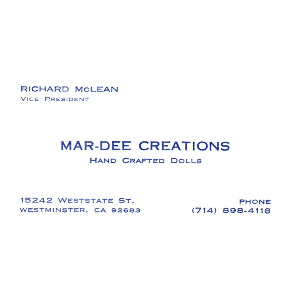 Vintage Mar-Dee Creations Handcrafted Doll Richard McLean CA Busines Card SF3-B1