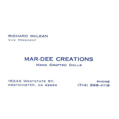 Vintage Mar-Dee Creations Handcrafted Doll Richard McLean CA Busines Card SF3-B1