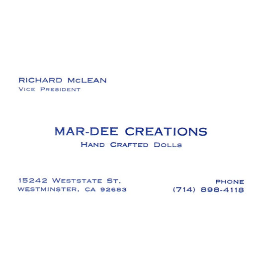Vintage Mar-Dee Creations Handcrafted Doll Richard McLean CA Busines Card SF3-B1