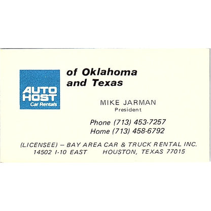 Mike Jarman Auto Host Car Rentals Houston Vintage Business Card SE3-B13
